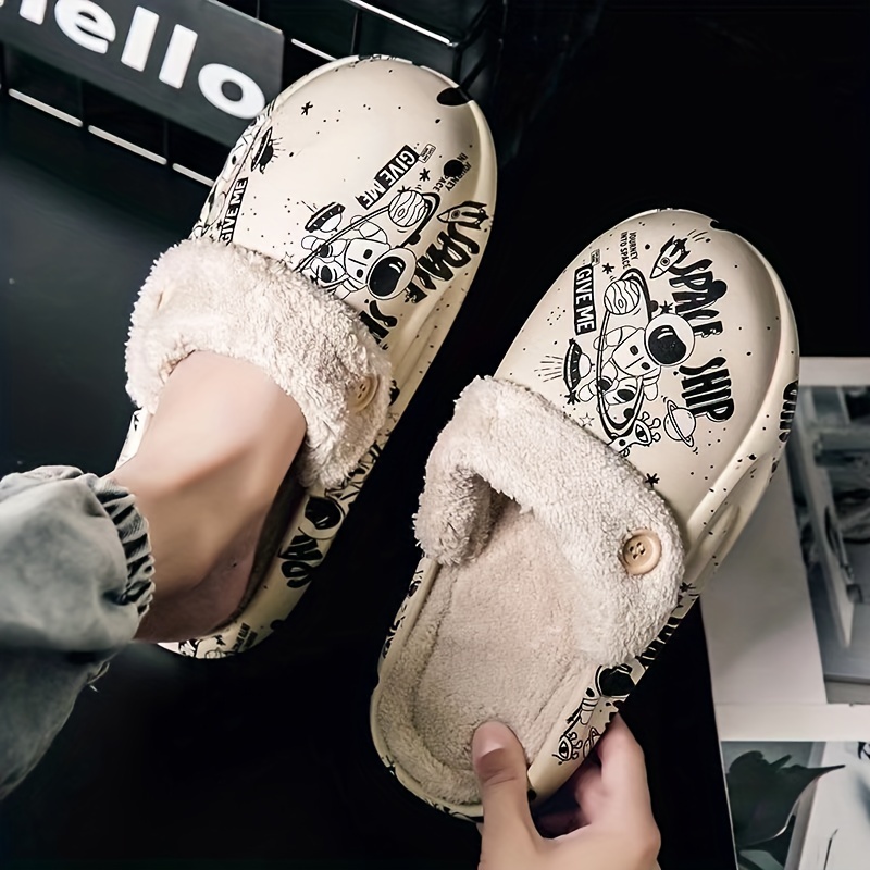 cartoon printed plush lined clogs closed toe detachable lining eva slippers cozy warm home outdoor shoes details 0