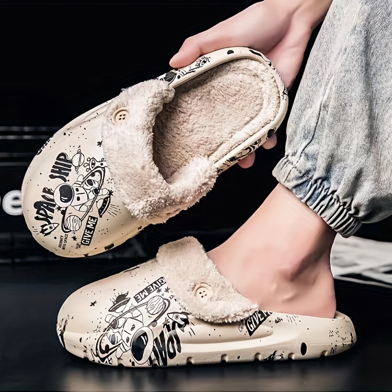 cartoon printed plush lined clogs closed toe detachable lining eva slippers cozy warm home outdoor shoes details 1