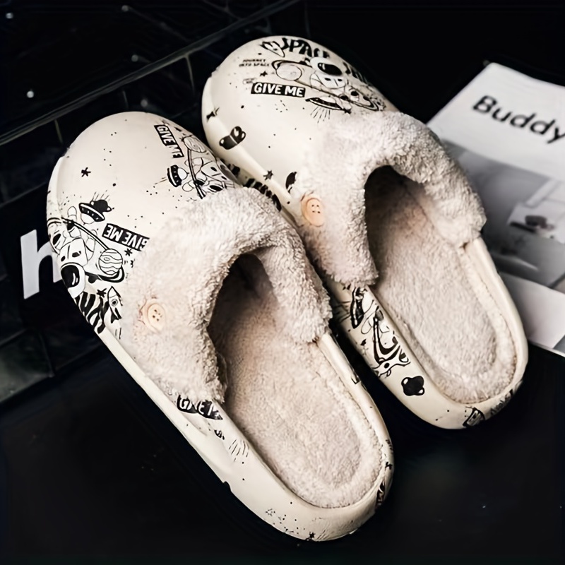 cartoon printed plush lined clogs closed toe detachable lining eva slippers cozy warm home outdoor shoes details 3