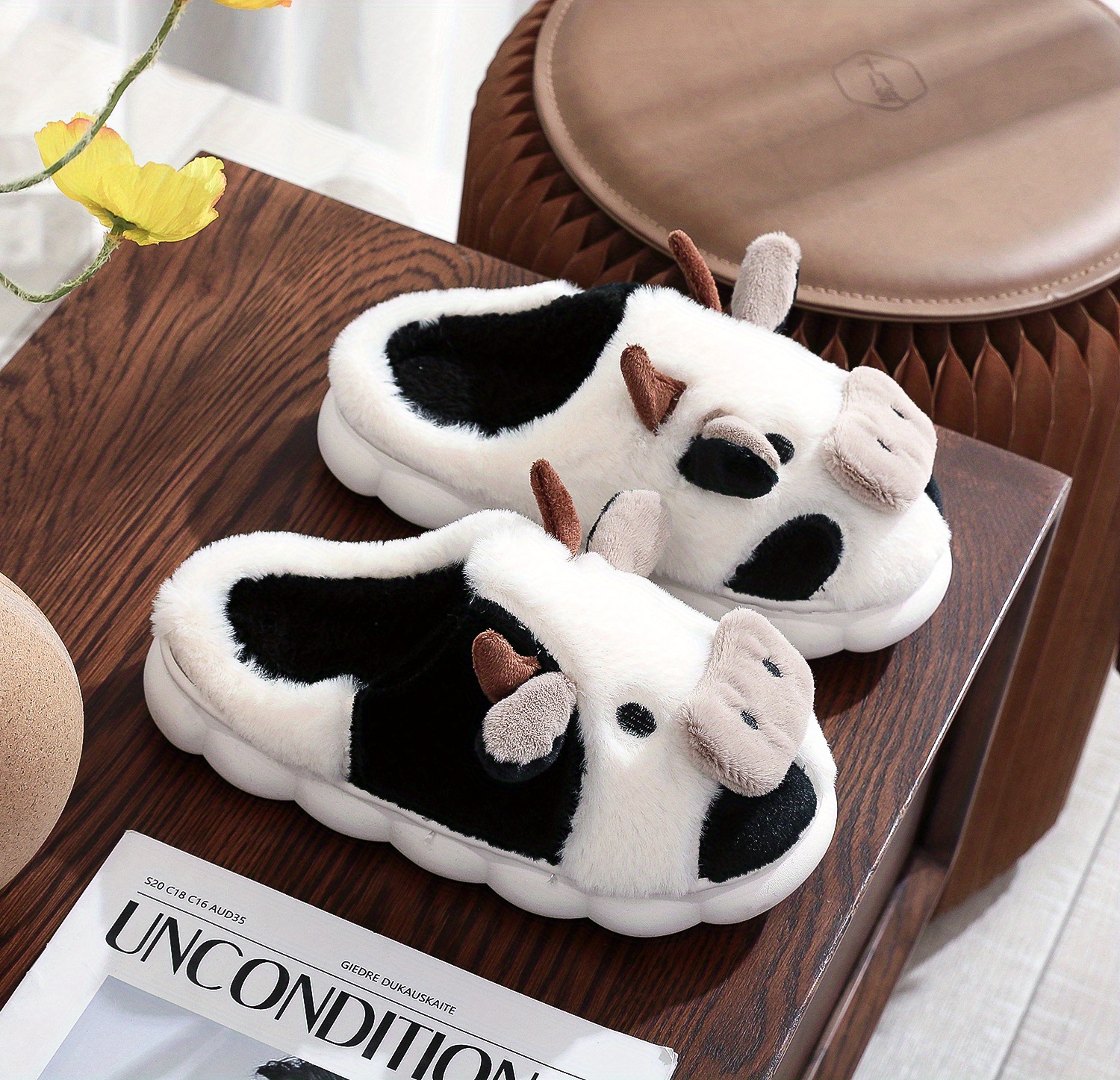 cute cow design slippers, womens cute cow design slippers casual slip on plush lined platform shoes warm indoor slippers details 0