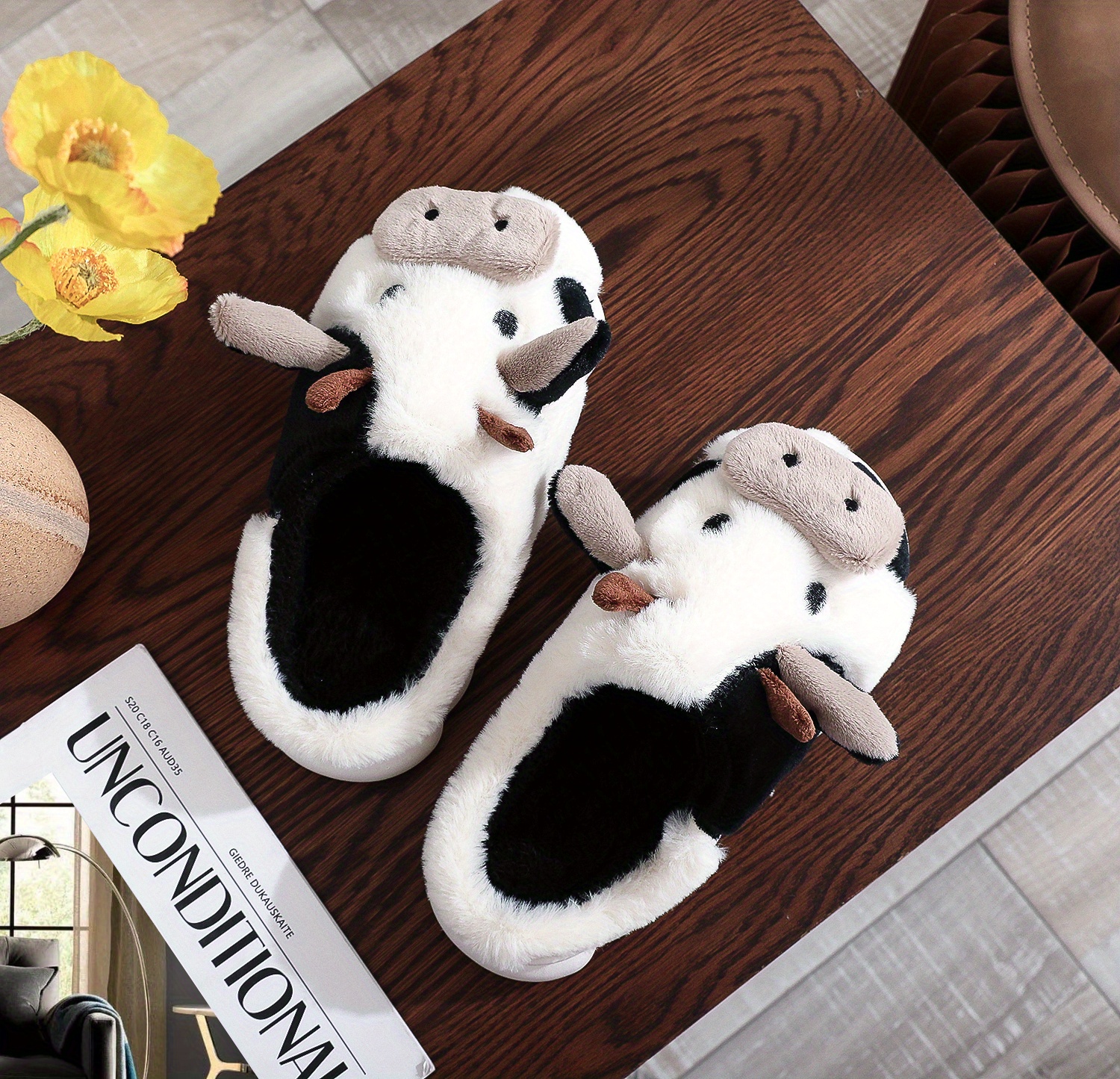 cute cow design slippers, womens cute cow design slippers casual slip on plush lined platform shoes warm indoor slippers details 1