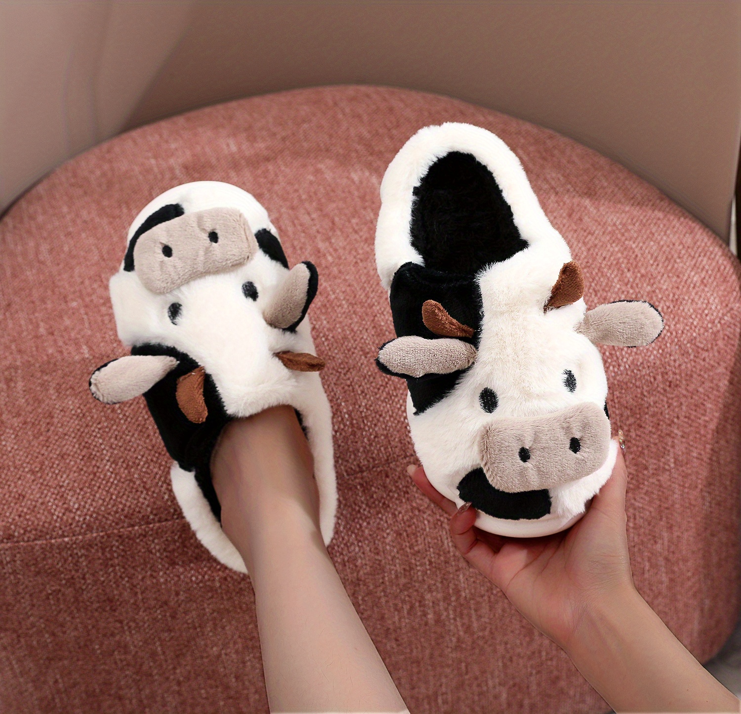 cute cow design slippers, womens cute cow design slippers casual slip on plush lined platform shoes warm indoor slippers details 5