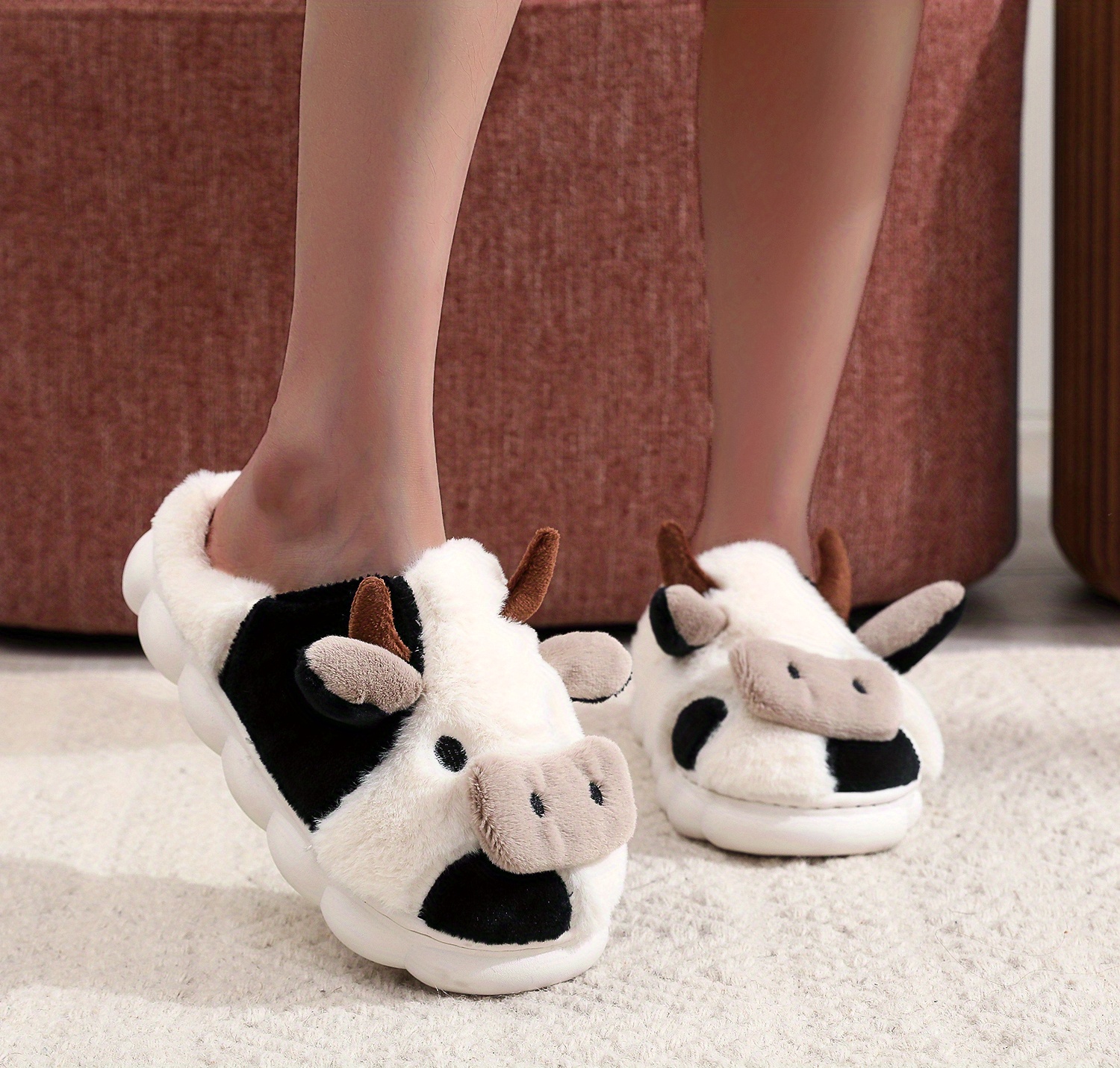 cute cow design slippers, womens cute cow design slippers casual slip on plush lined platform shoes warm indoor slippers details 6