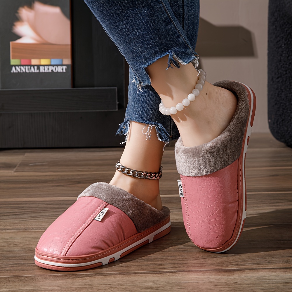 solid color home warm slippers soft sole platform closed toe fluffy shoes non slip bedroom plush shoes details 3