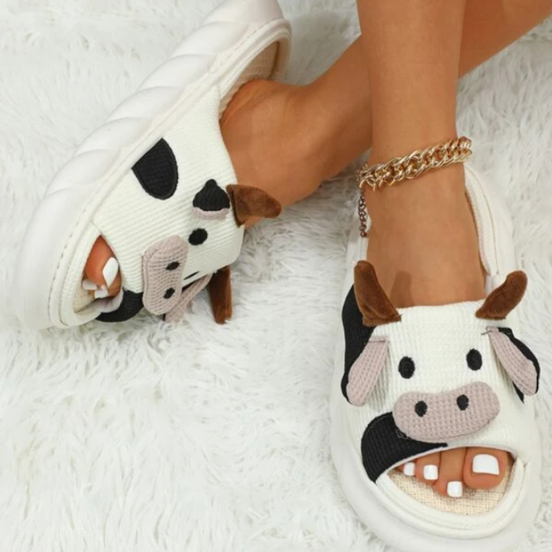 cute fabric cow home slippers open toe super soft sole platform shoes comfy indoor animal slippers details 0