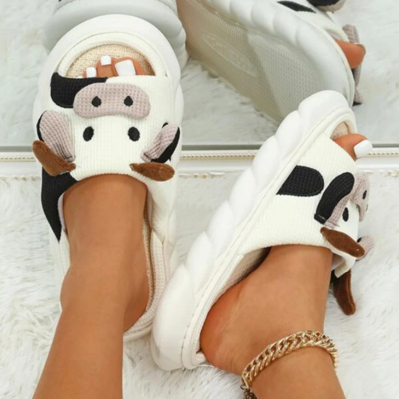 cute fabric cow home slippers open toe super soft sole platform shoes comfy indoor animal slippers details 2