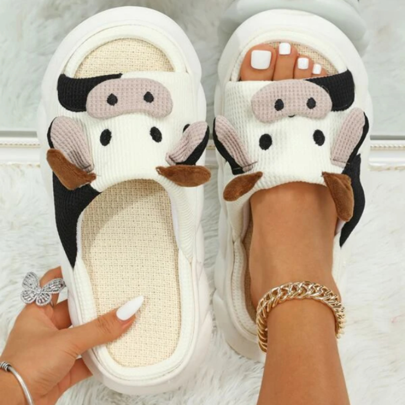 cute fabric cow home slippers open toe super soft sole platform shoes comfy indoor animal slippers details 3