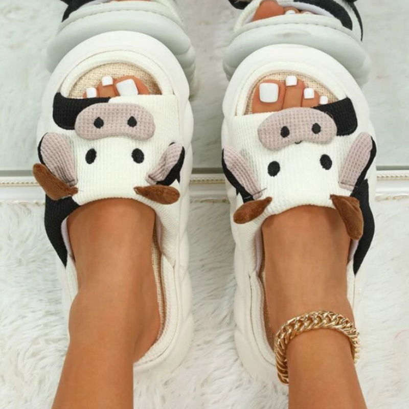 cute fabric cow home slippers open toe super soft sole platform shoes comfy indoor animal slippers details 4