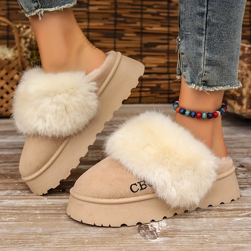 fluffy furry platform house slippers closed toe plush lined thermal shoes winter warm home fuzzy slippers details 0