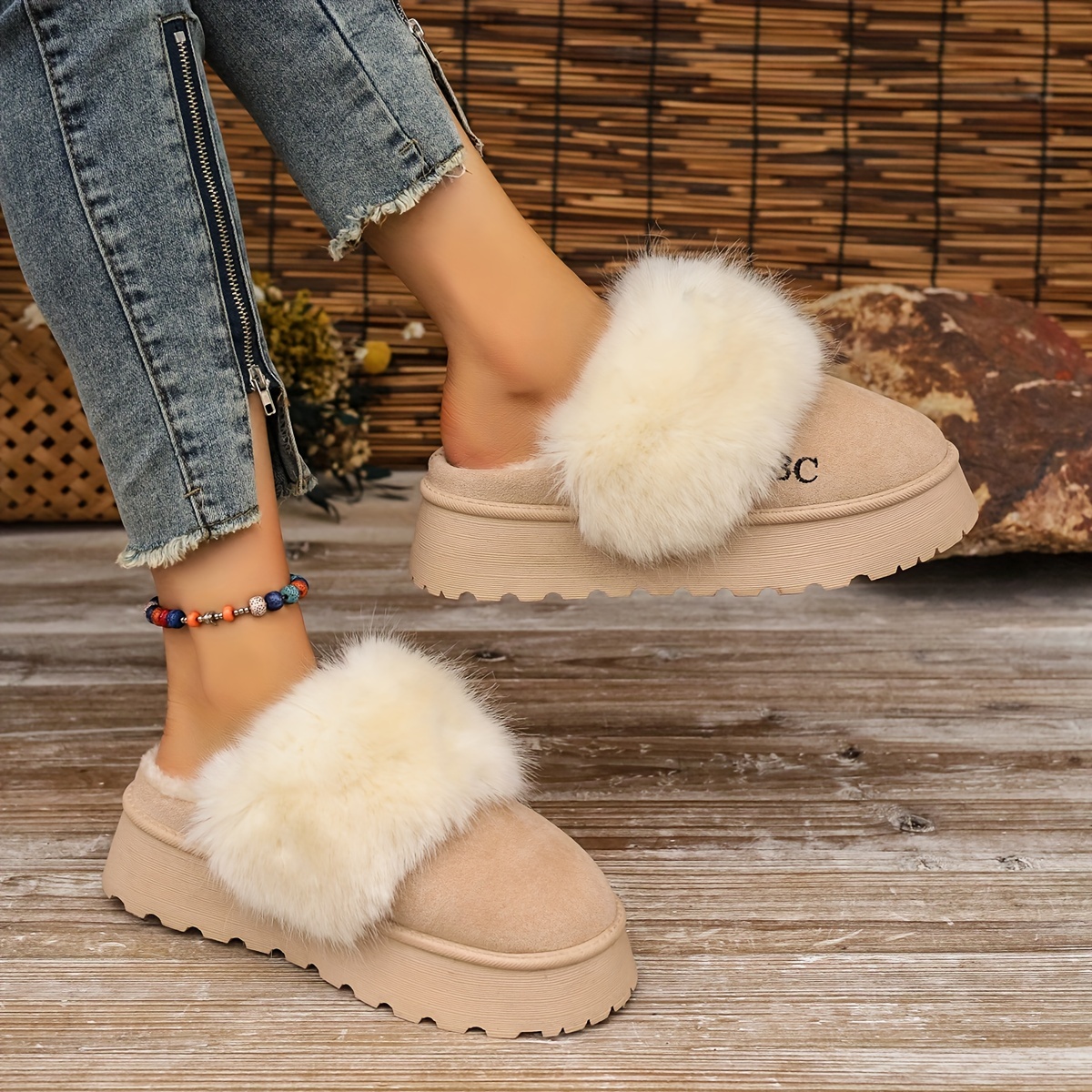 fluffy furry platform house slippers closed toe plush lined thermal shoes winter warm home fuzzy slippers details 1