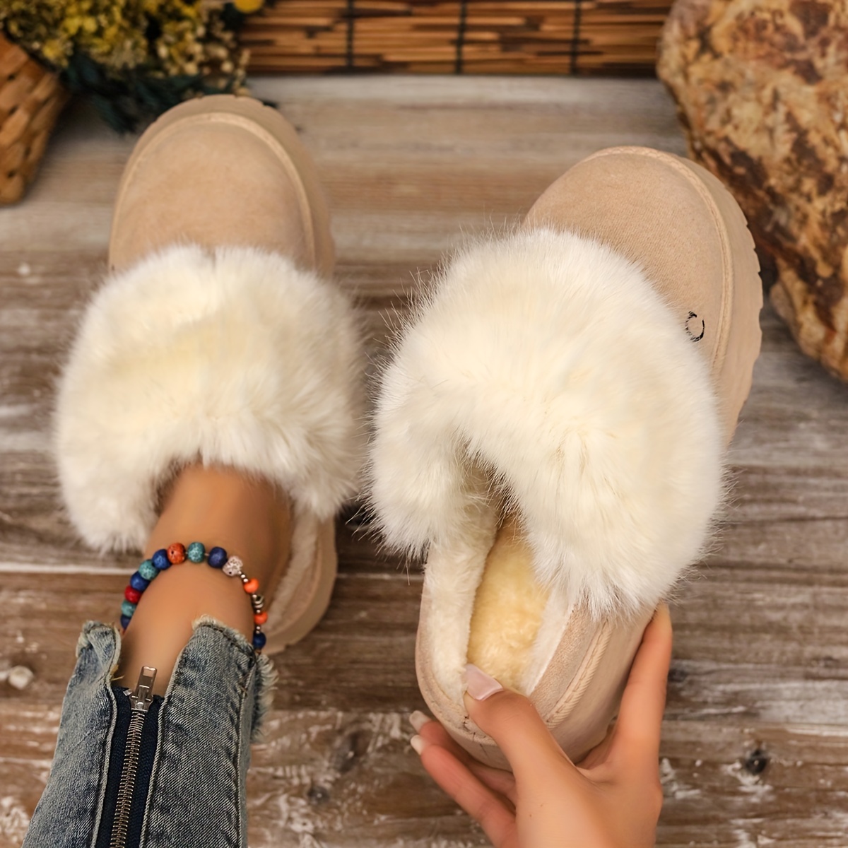 fluffy furry platform house slippers closed toe plush lined thermal shoes winter warm home fuzzy slippers details 2