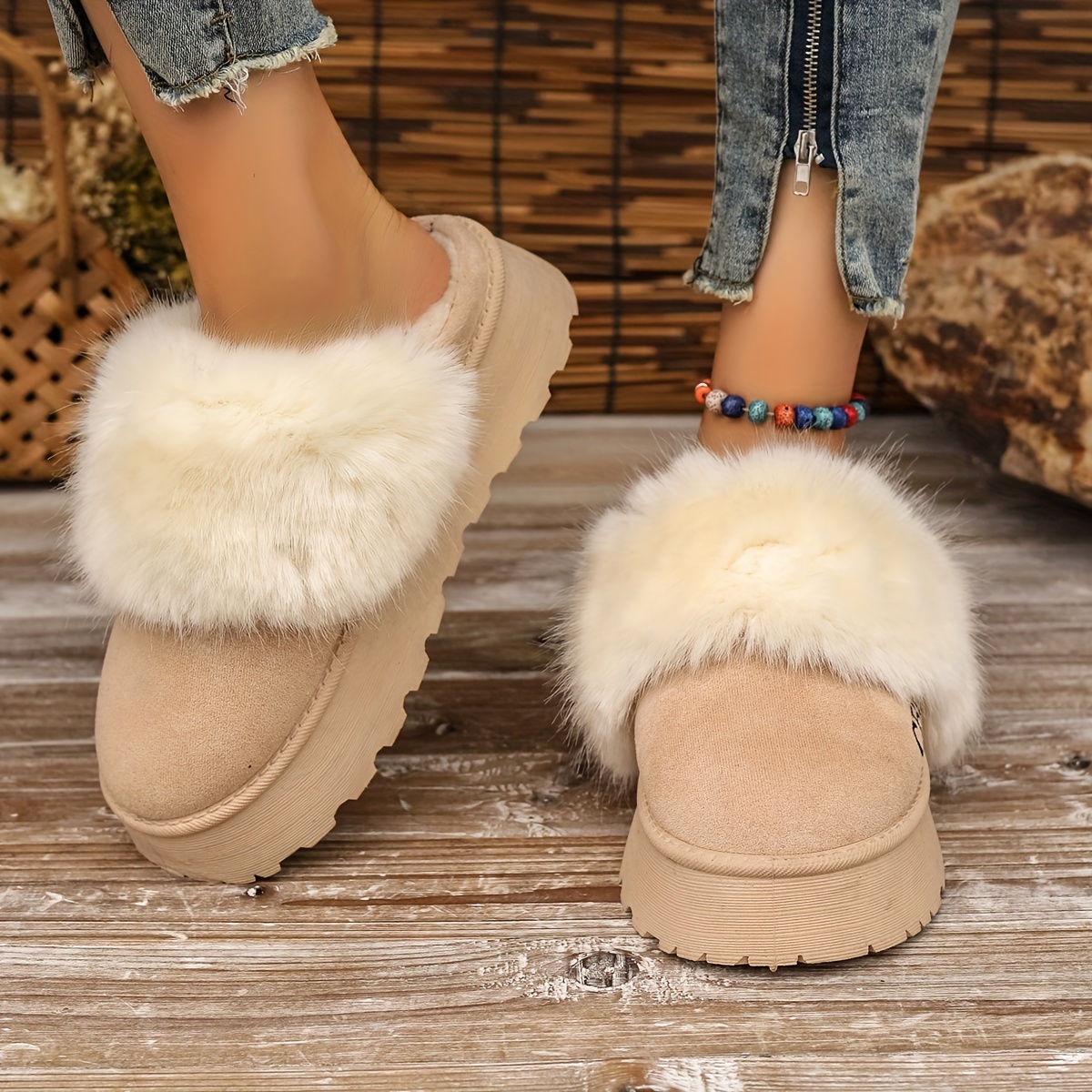 fluffy furry platform house slippers closed toe plush lined thermal shoes winter warm home fuzzy slippers details 3