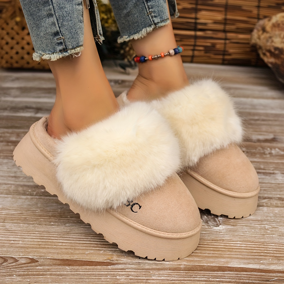 fluffy furry platform house slippers closed toe plush lined thermal shoes winter warm home fuzzy slippers details 4