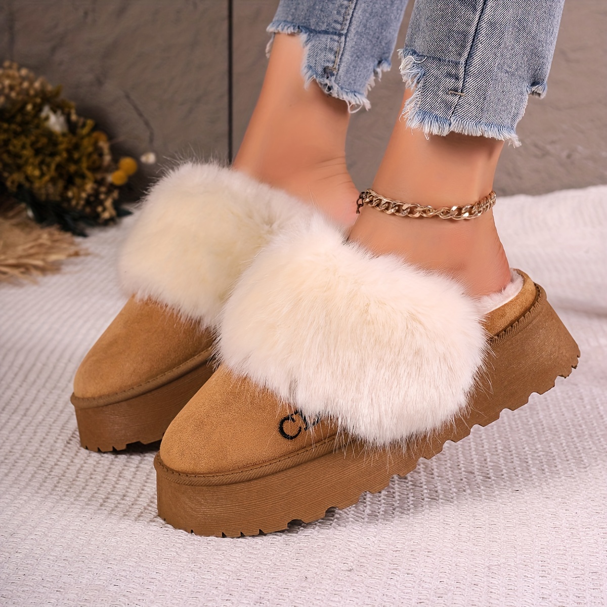 fluffy furry platform house slippers closed toe plush lined thermal shoes winter warm home fuzzy slippers details 5