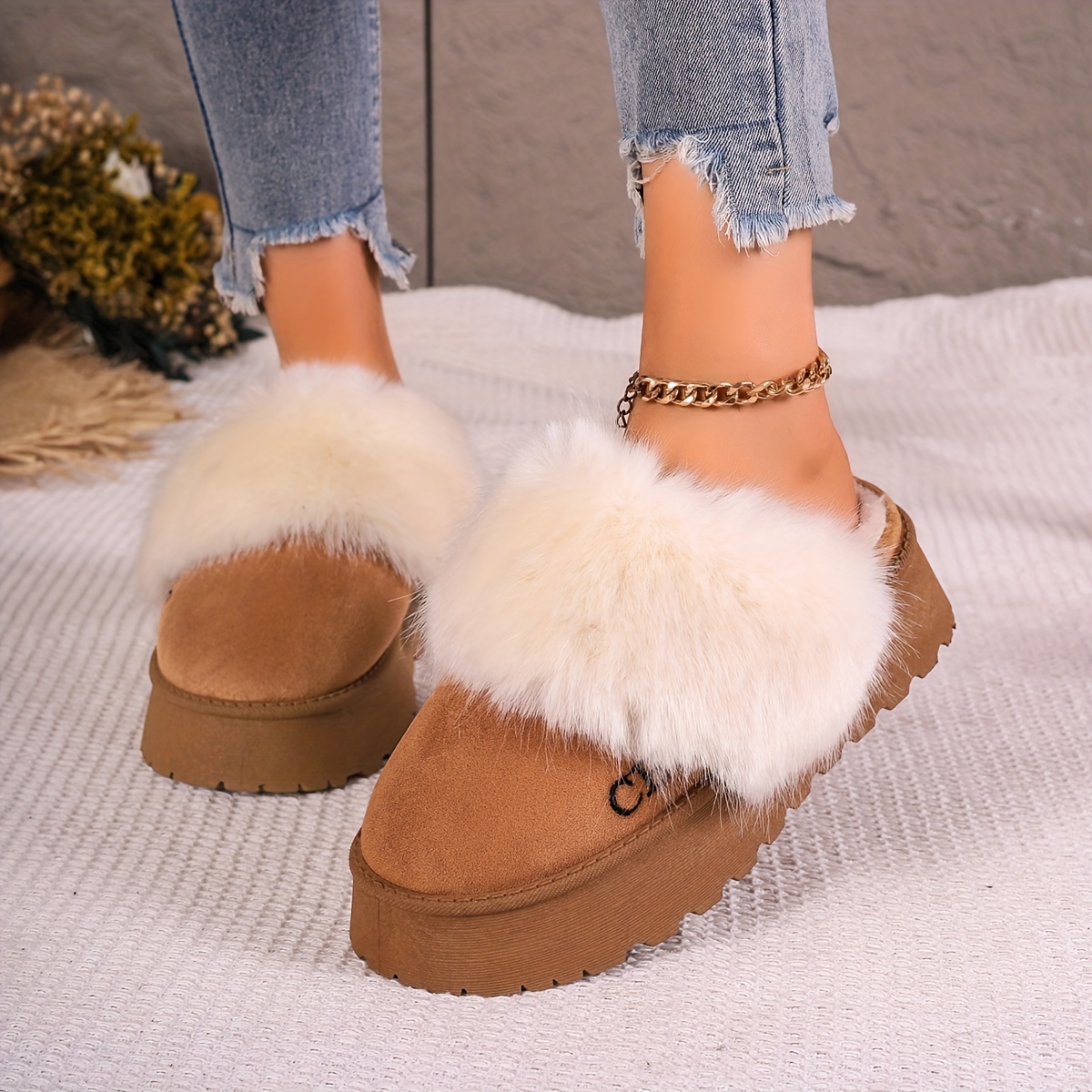 fluffy furry platform house slippers closed toe plush lined thermal shoes winter warm home fuzzy slippers details 7