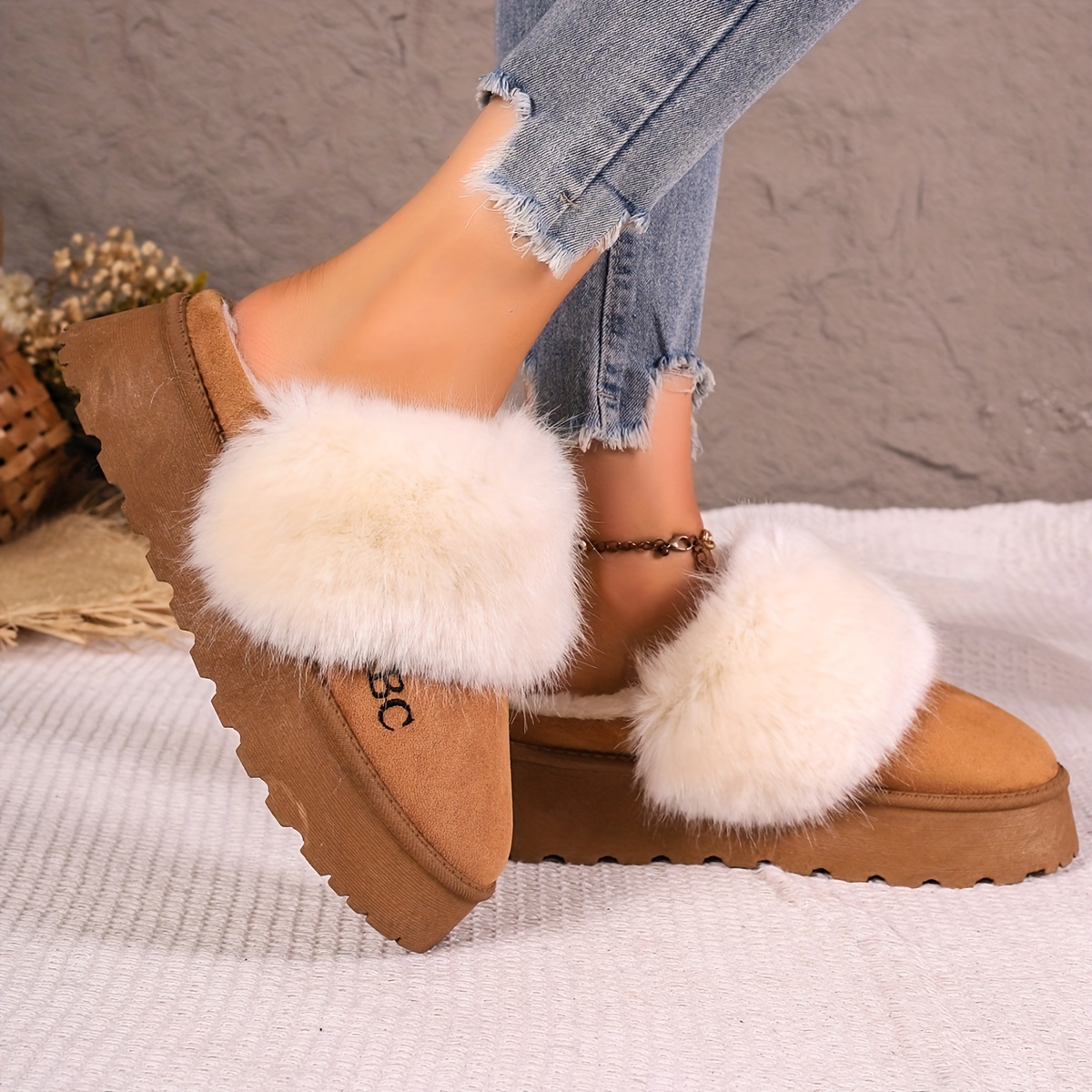 fluffy furry platform house slippers closed toe plush lined thermal shoes winter warm home fuzzy slippers details 8