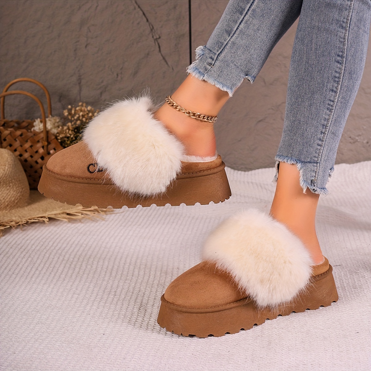 fluffy furry platform house slippers closed toe plush lined thermal shoes winter warm home fuzzy slippers details 9