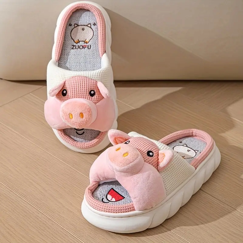 kawaii animal novelty slippers, womens kawaii animal novelty slippers cute cartoon flax memory foam home shoes comfy open toe bedroom slippers details 0