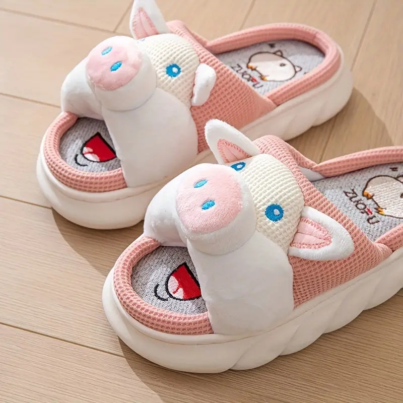 kawaii animal novelty slippers, womens kawaii animal novelty slippers cute cartoon flax memory foam home shoes comfy open toe bedroom slippers details 1