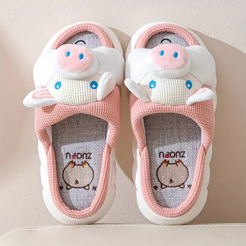 kawaii animal novelty slippers, womens kawaii animal novelty slippers cute cartoon flax memory foam home shoes comfy open toe bedroom slippers details 2