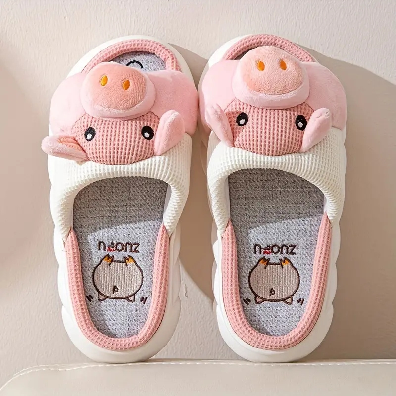 kawaii animal novelty slippers, womens kawaii animal novelty slippers cute cartoon flax memory foam home shoes comfy open toe bedroom slippers details 3