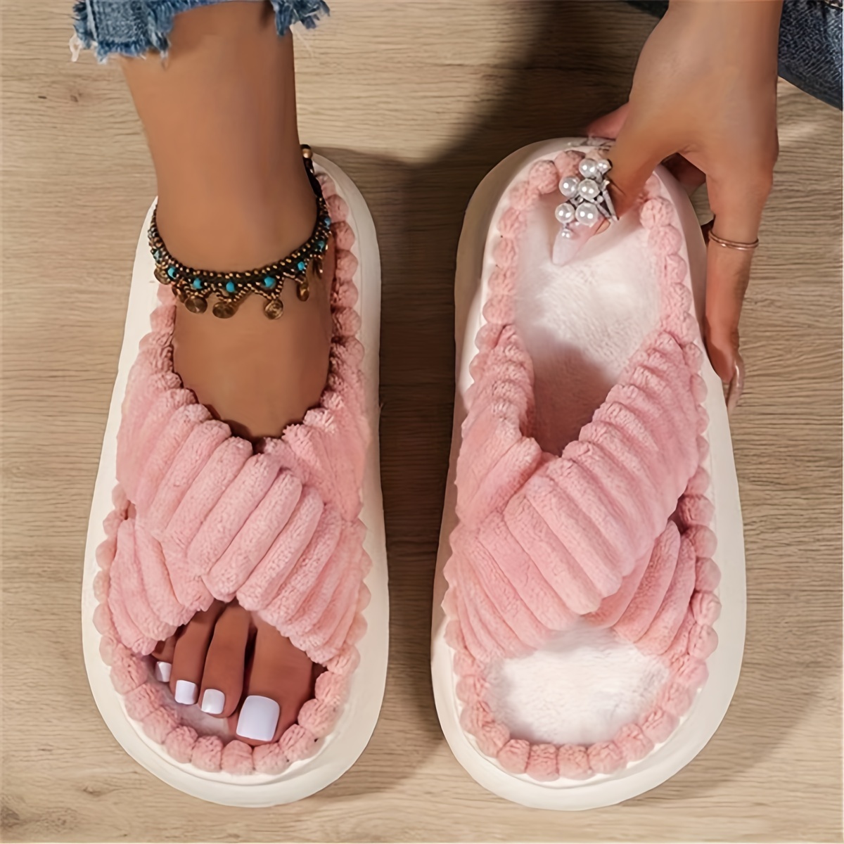 womens plush platform slippers cross strap open toe memory foam shoes indoor anti slip fuzzy slippers details 4