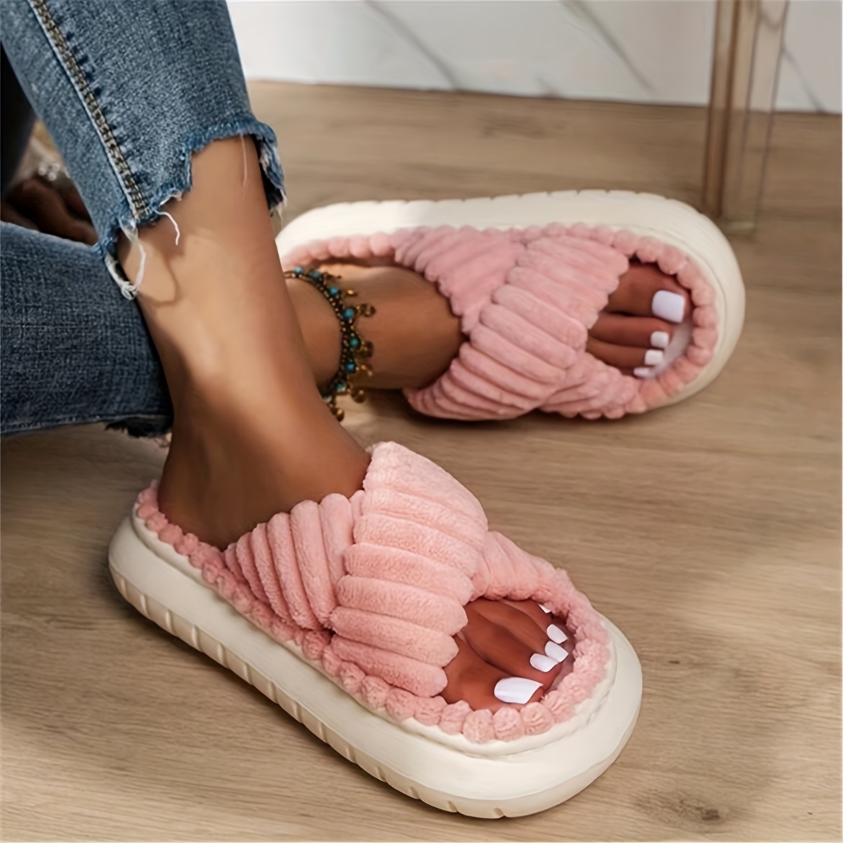 womens plush platform slippers cross strap open toe memory foam shoes indoor anti slip fuzzy slippers details 7