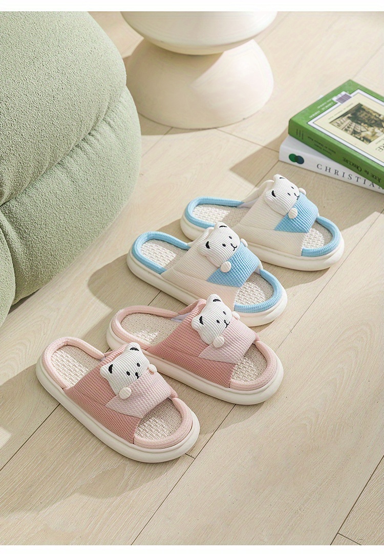 womens cute cartoon printed slipper slip on open toe home non slip linen sole slides shoes cozy plush indoor shoes details 2