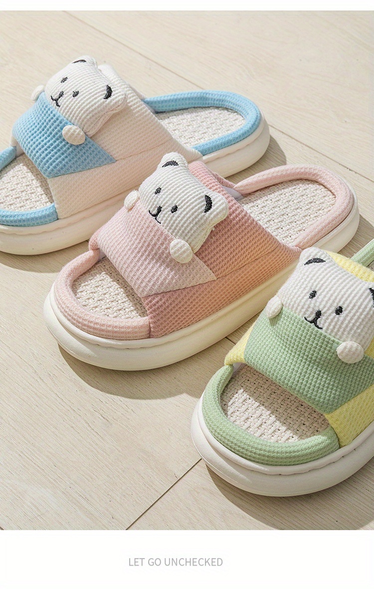 womens cute cartoon printed slipper slip on open toe home non slip linen sole slides shoes cozy plush indoor shoes details 5