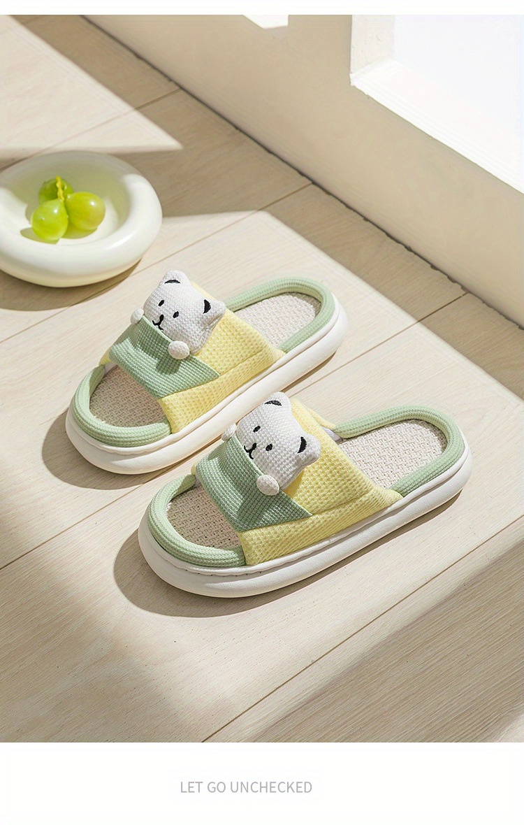 womens cute cartoon printed slipper slip on open toe home non slip linen sole slides shoes cozy plush indoor shoes details 6