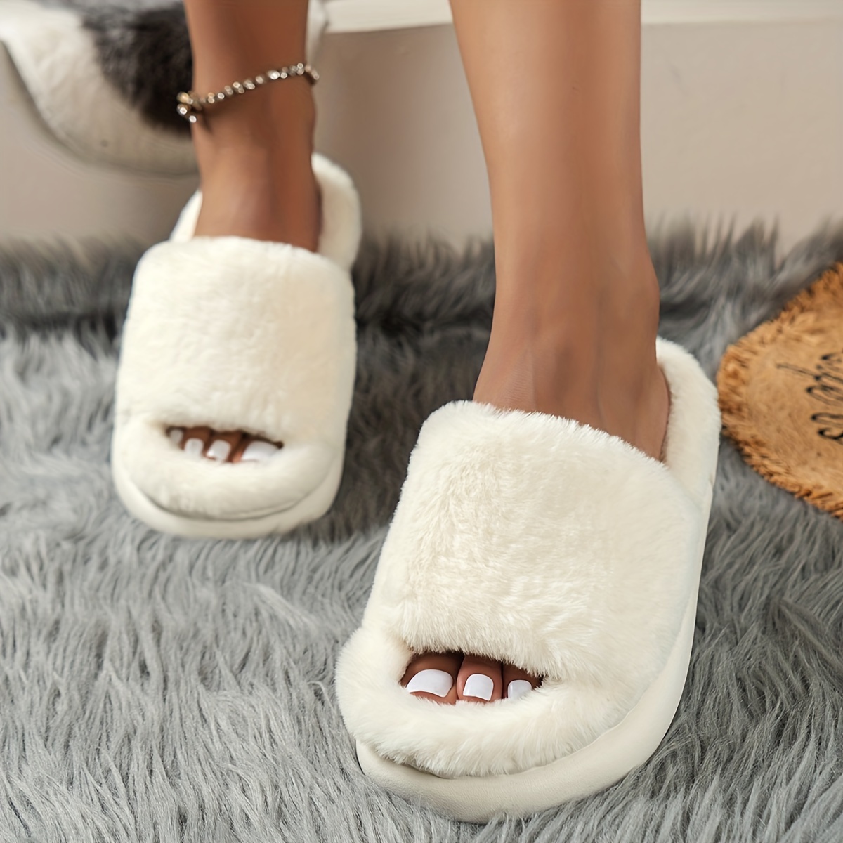 cozy fluffy furry house slippers single band open toe platform fuzzy shoes comfy warm home slippers details 0