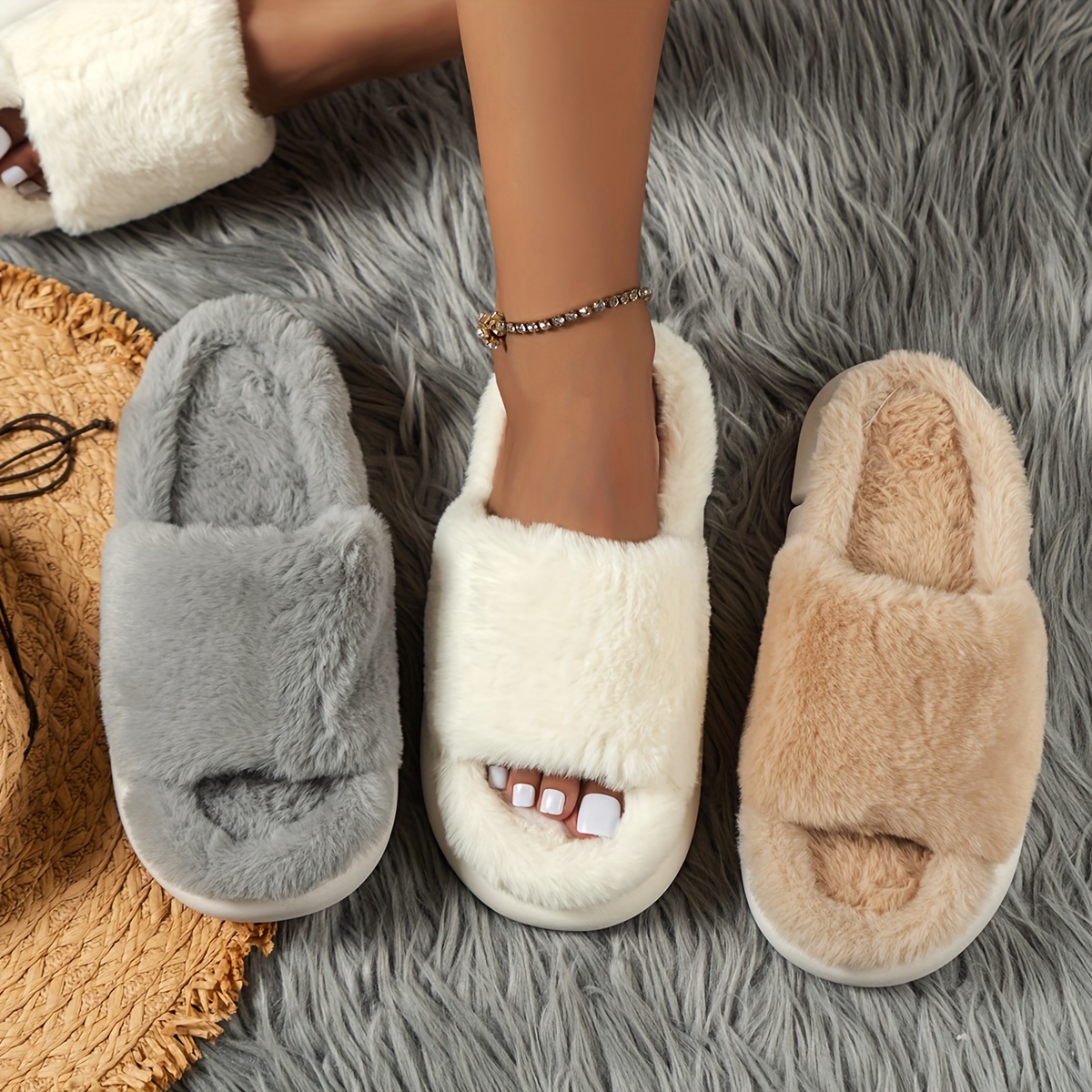 cozy fluffy furry house slippers single band open toe platform fuzzy shoes comfy warm home slippers details 1