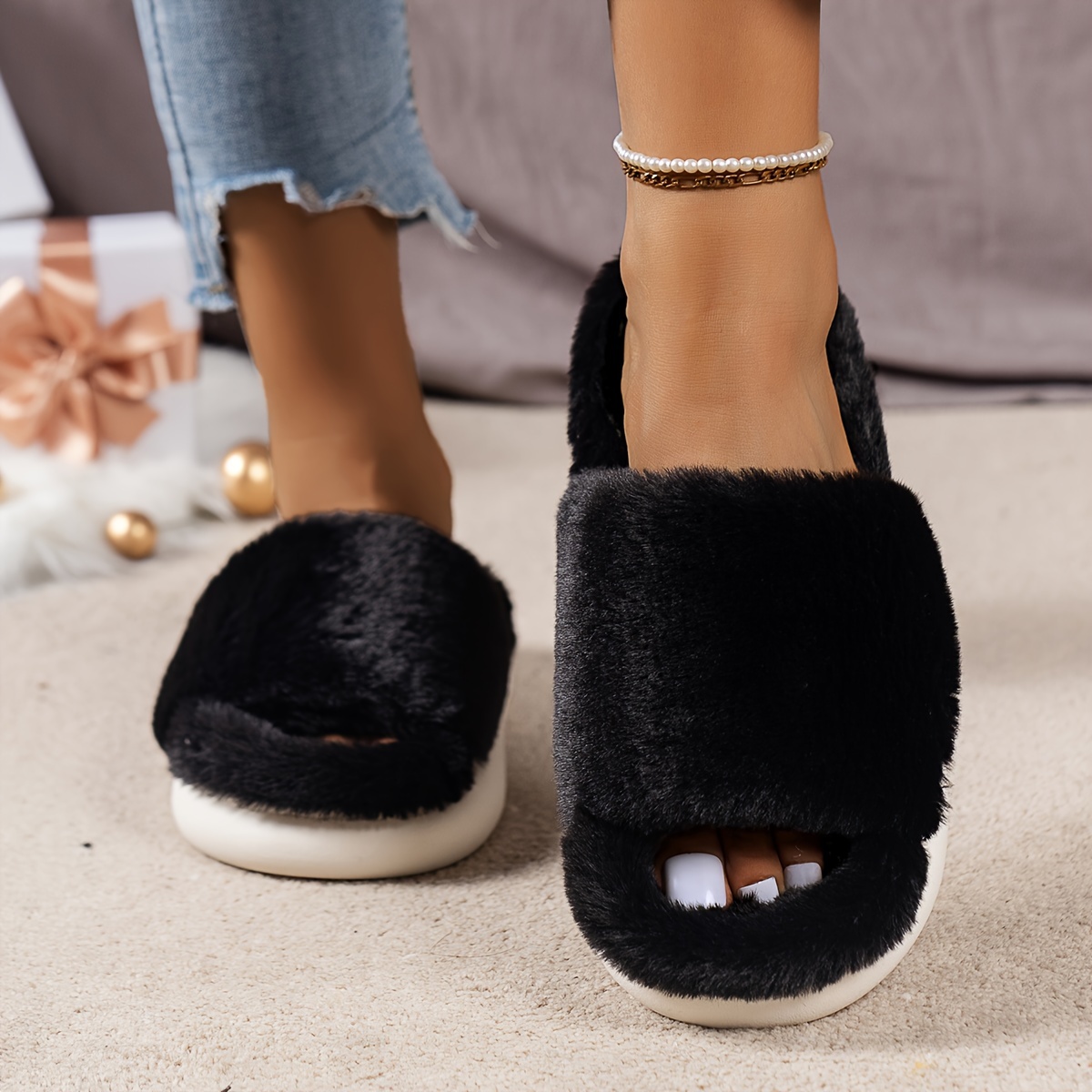 cozy fluffy furry house slippers single band open toe platform fuzzy shoes comfy warm home slippers details 5