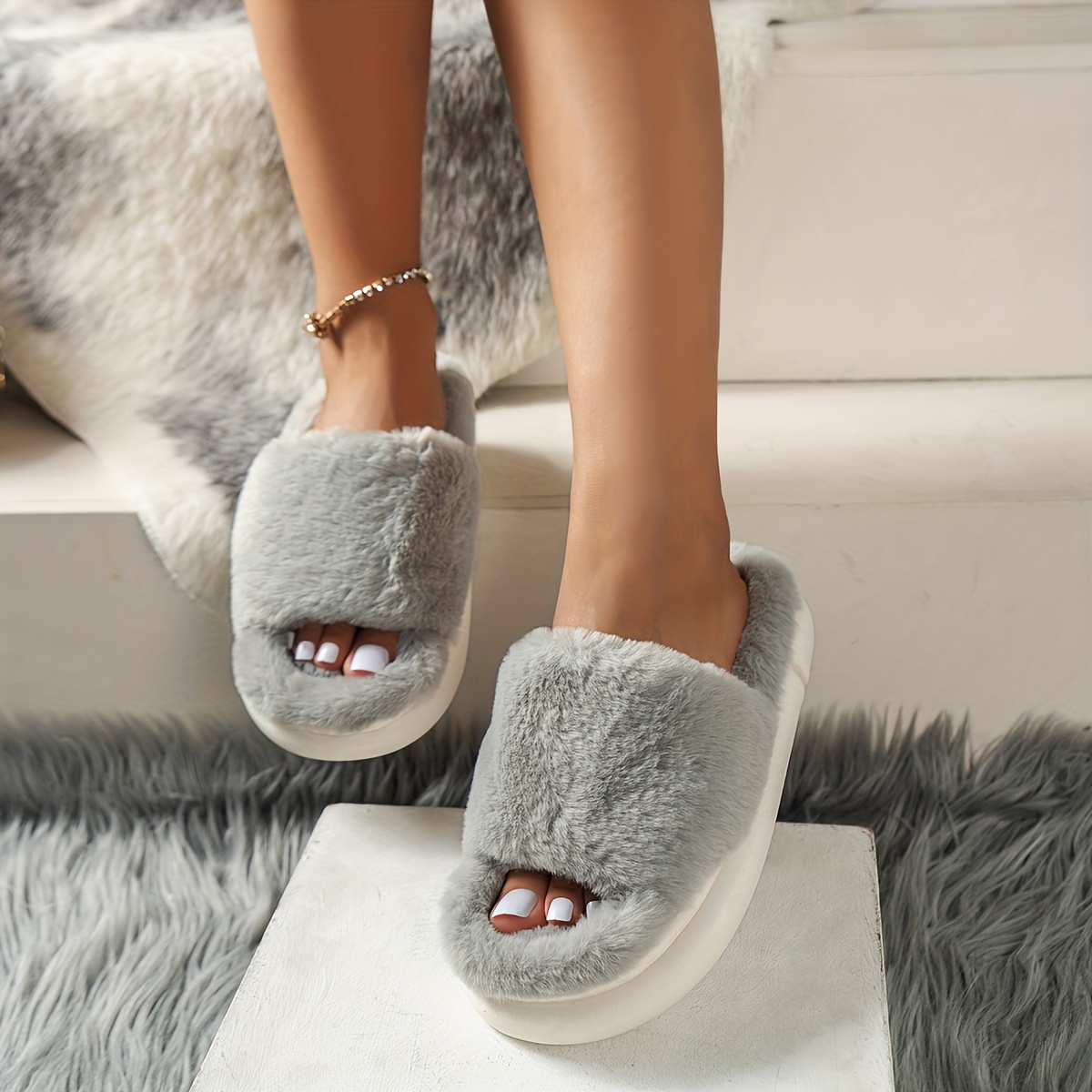 cozy fluffy furry house slippers single band open toe platform fuzzy shoes comfy warm home slippers details 6