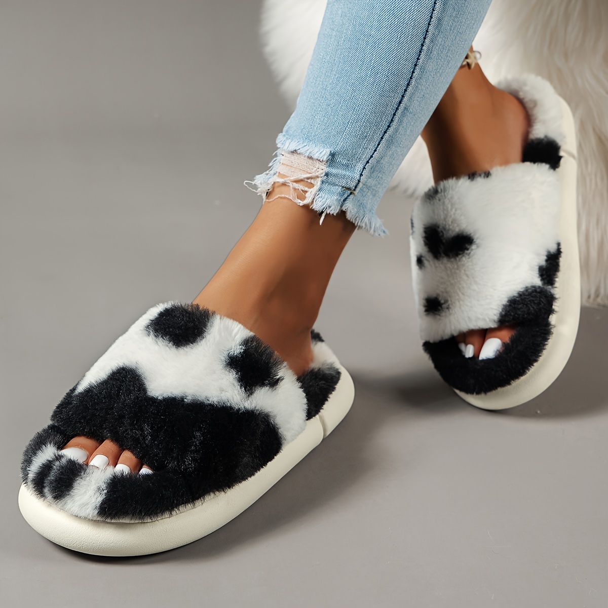 cozy fluffy furry house slippers single band open toe platform fuzzy shoes comfy warm home slippers details 8