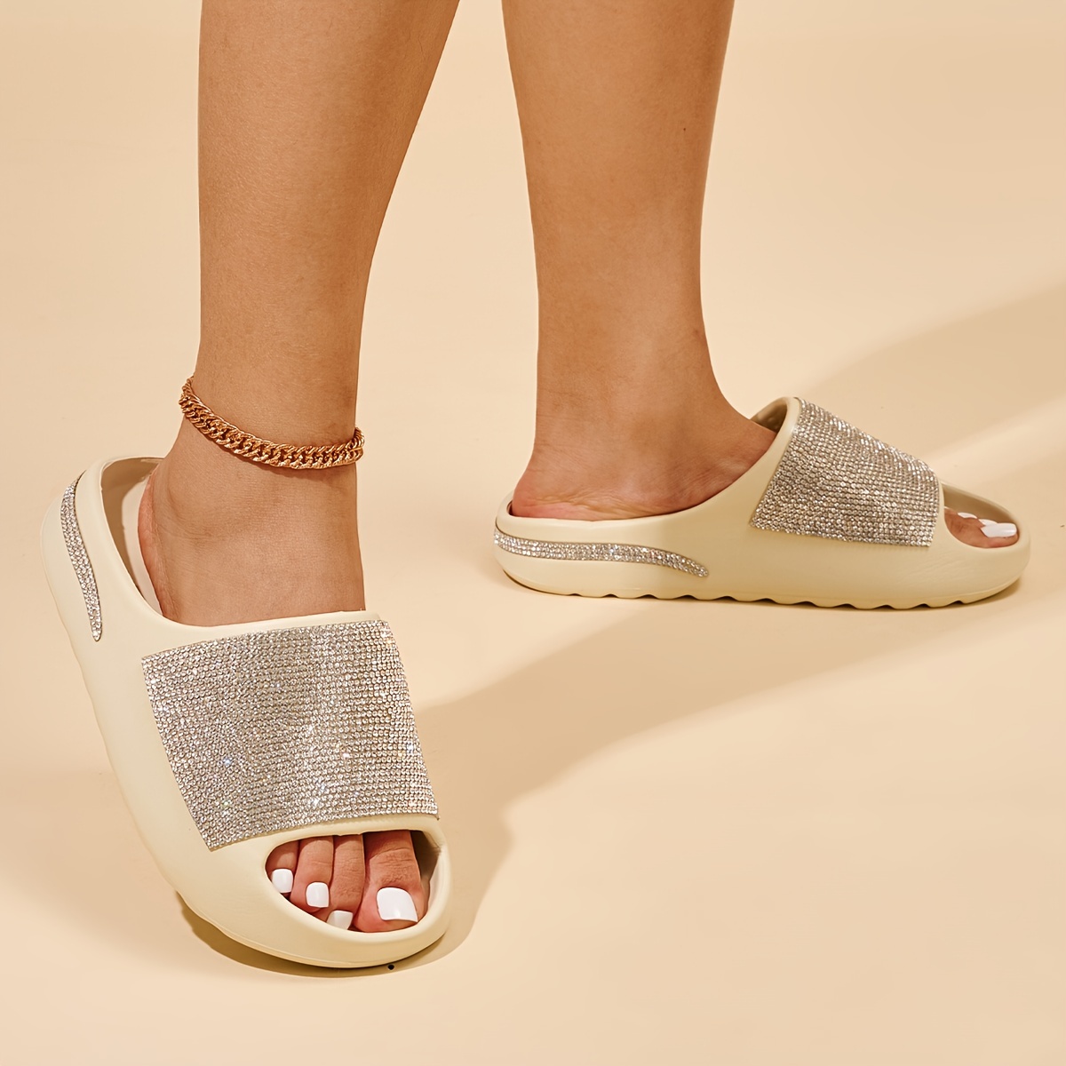 Rhinestone Decor Slides, Casual Open Toe Soft Sole Shoes, Comfortable Indoor Home Slides details 1