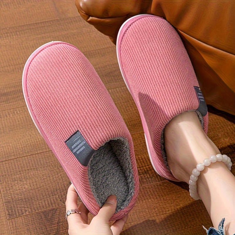 solid color home warm slippers soft sole flat non slip plush shoes winter closed toe cozy shoes details 0