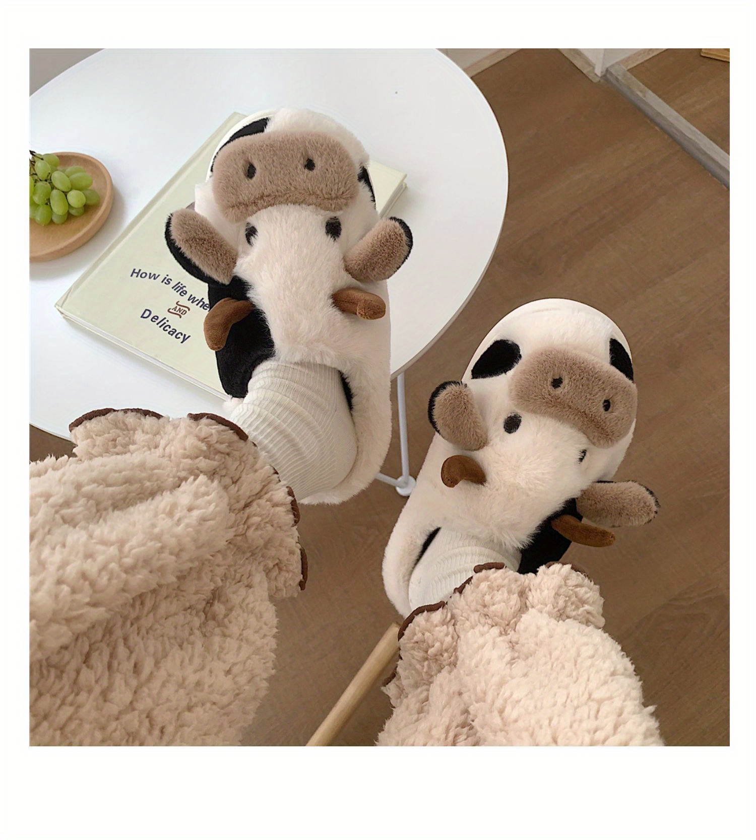 cute cartoon cow design slippers kawaii plush lined non slip bedroom shoes warm comfortable shoes details 0