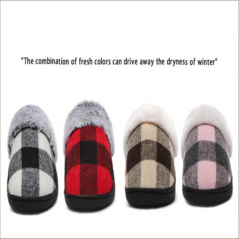 Winter Plaid Plush Lined Slippers, Cozy & Warm Closed Toe Fluffy House Shoes, Comfortable Home Floor Slippers details 1