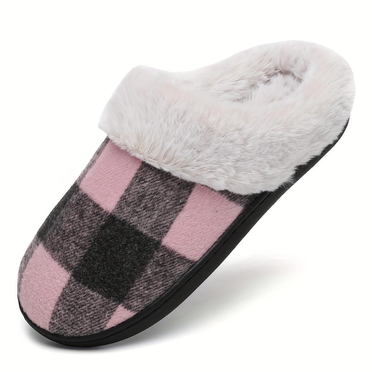 Winter Plaid Plush Lined Slippers, Cozy & Warm Closed Toe Fluffy House Shoes, Comfortable Home Floor Slippers details 6