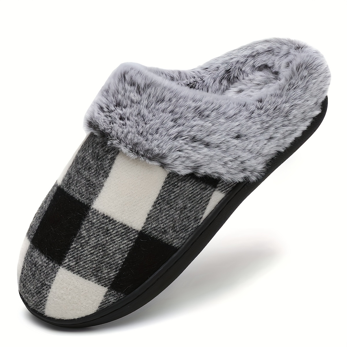 Winter Plaid Plush Lined Slippers, Cozy & Warm Closed Toe Fluffy House Shoes, Comfortable Home Floor Slippers details 7