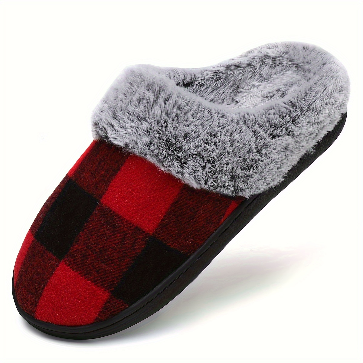 Winter Plaid Plush Lined Slippers, Cozy & Warm Closed Toe Fluffy House Shoes, Comfortable Home Floor Slippers details 9