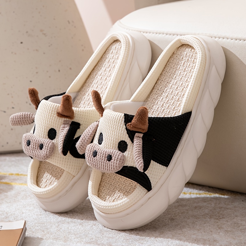 womens cartoon cute cow house slippers platform soft sole anti slip warm plush home slides womens indoor cozy shoes details 0