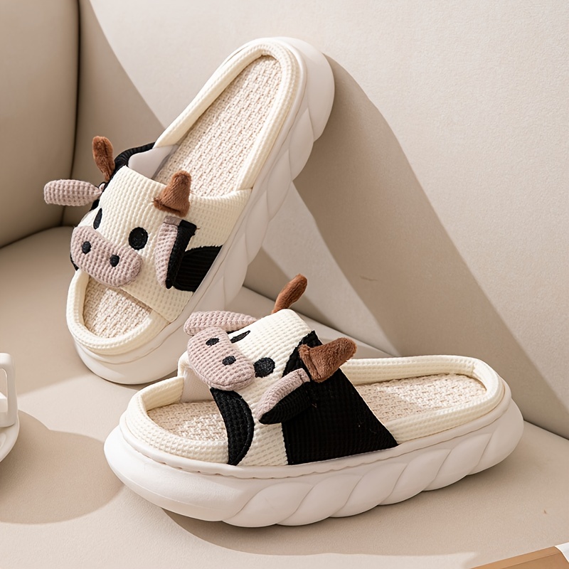 womens cartoon cute cow house slippers platform soft sole anti slip warm plush home slides womens indoor cozy shoes details 1