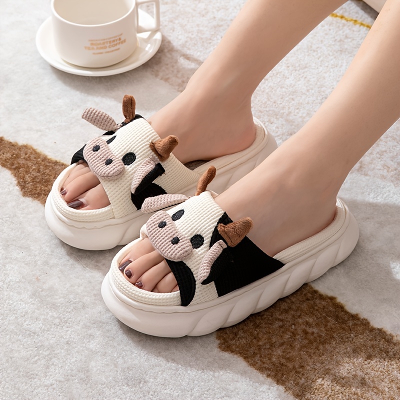 womens cartoon cute cow house slippers platform soft sole anti slip warm plush home slides womens indoor cozy shoes details 3