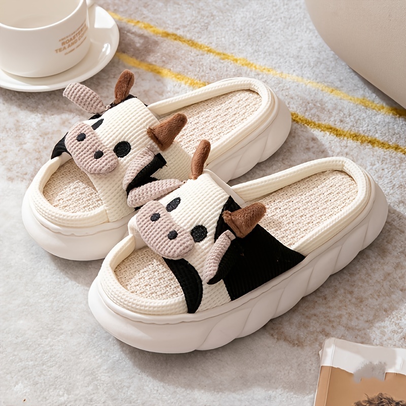 womens cartoon cute cow house slippers platform soft sole anti slip warm plush home slides womens indoor cozy shoes details 4